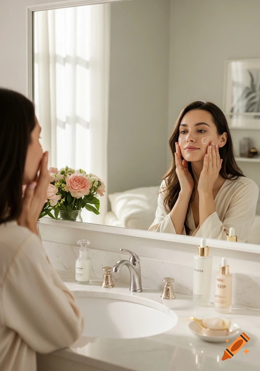 A woman applies skincare cream to her face, reflected in a bathroom mirror with products and flowers.
