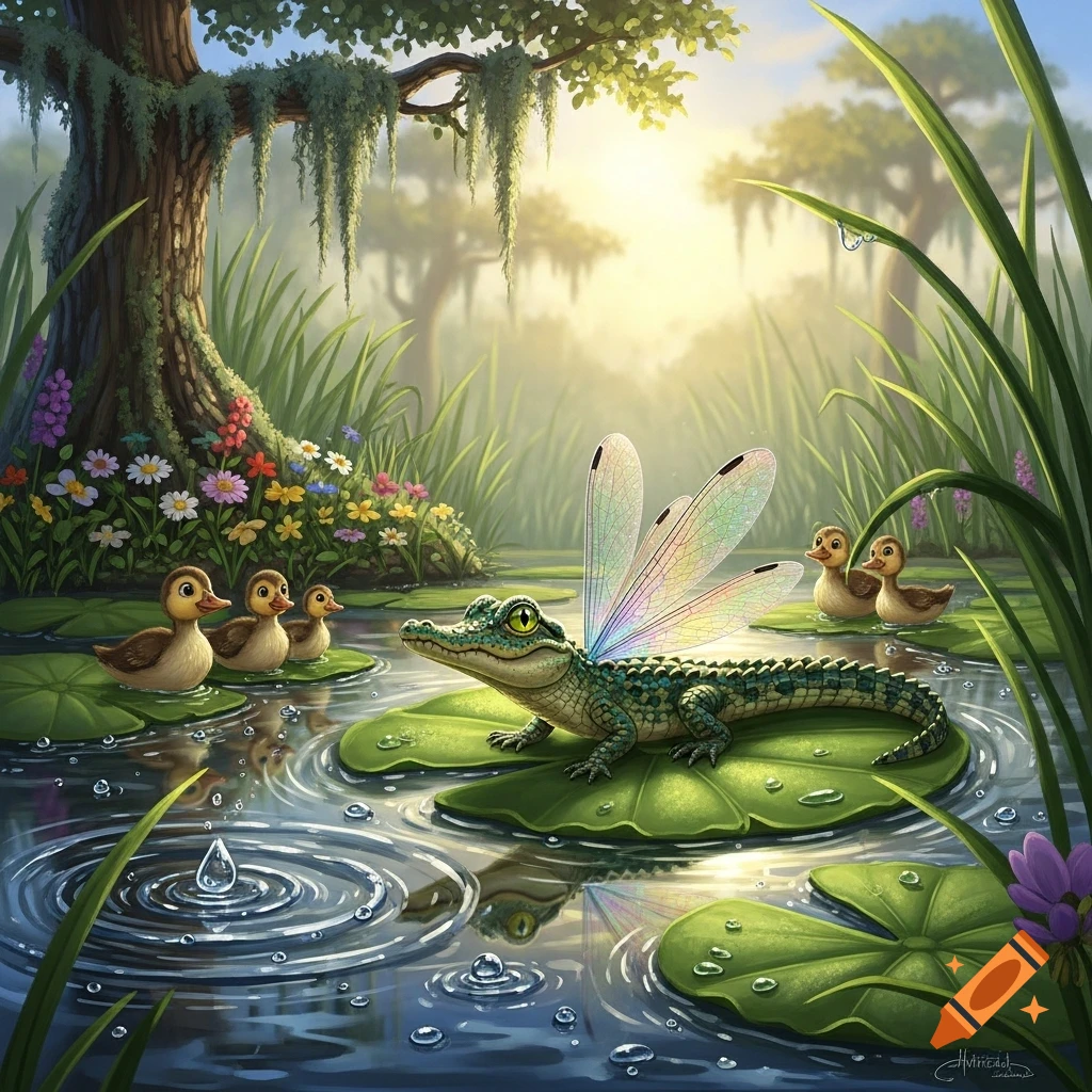 Whimsical illustration of a winged baby alligator on a lily pad in a sunny swamp, looking at three ducklings.