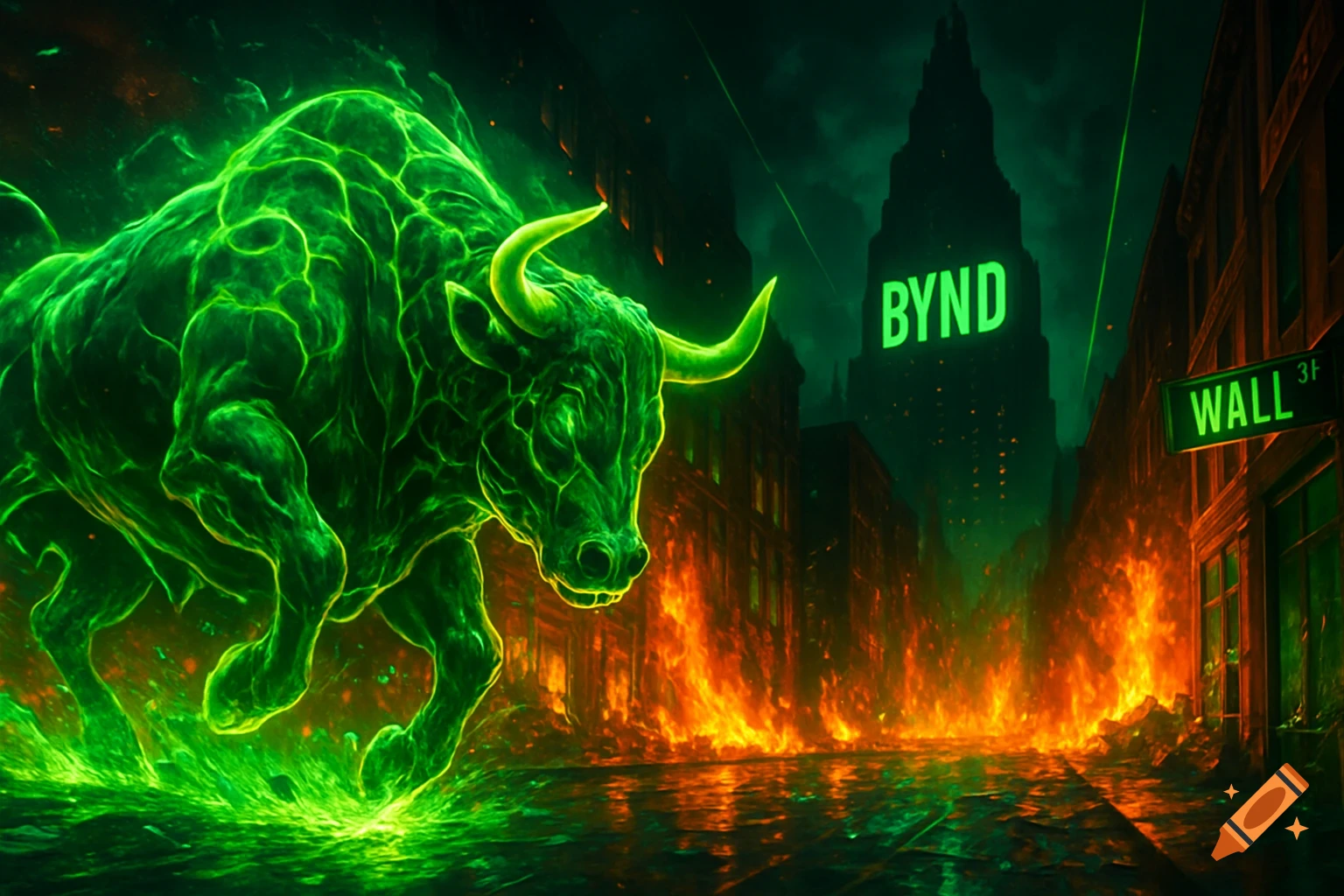 A neon green glowing bull charges through a burning Wall Street at night. A dark cyberpunk building with 'BYND' glows in the background.