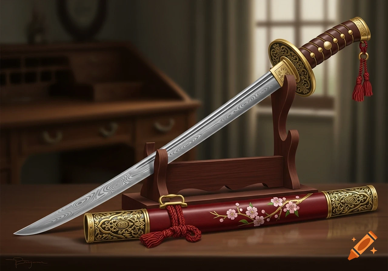 Highly detailed Japanese-influenced officer's sabre with patterned blade and ornate hilt on a wooden stand, its cherry blossom sheath next to it on a wooden table.