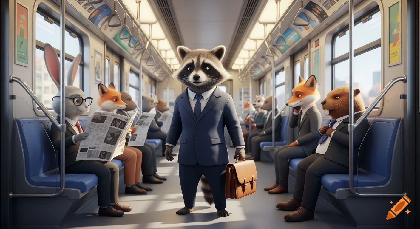 A raccoon in a suit with a briefcase stands in a subway car, surrounded by other business-suited anthropomorphic animals reading newspapers.