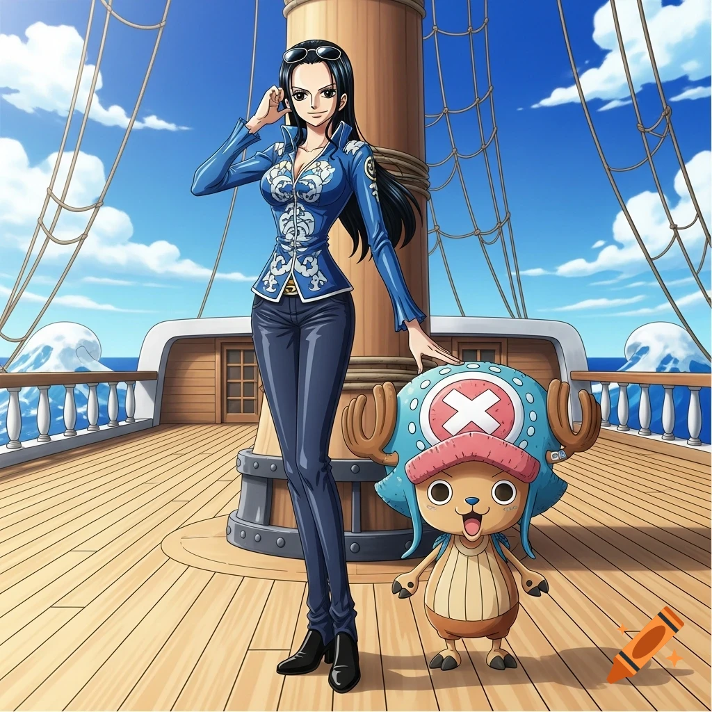 A high-quality 2D anime illustration of Nico Robin and Tony Tony Chopper on the deck of the Thousand Sunny.