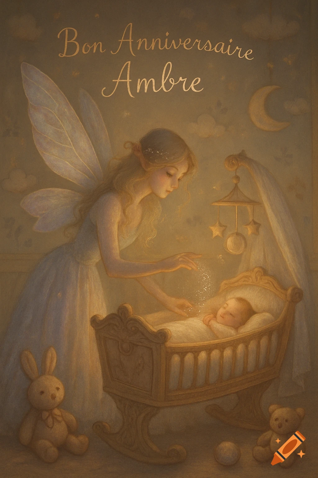 A gentle fairy with wings sprinkles magic dust over a sleeping baby in a wooden crib, surrounded by nursery decor. Text: Bon Anniversaire Ambre.