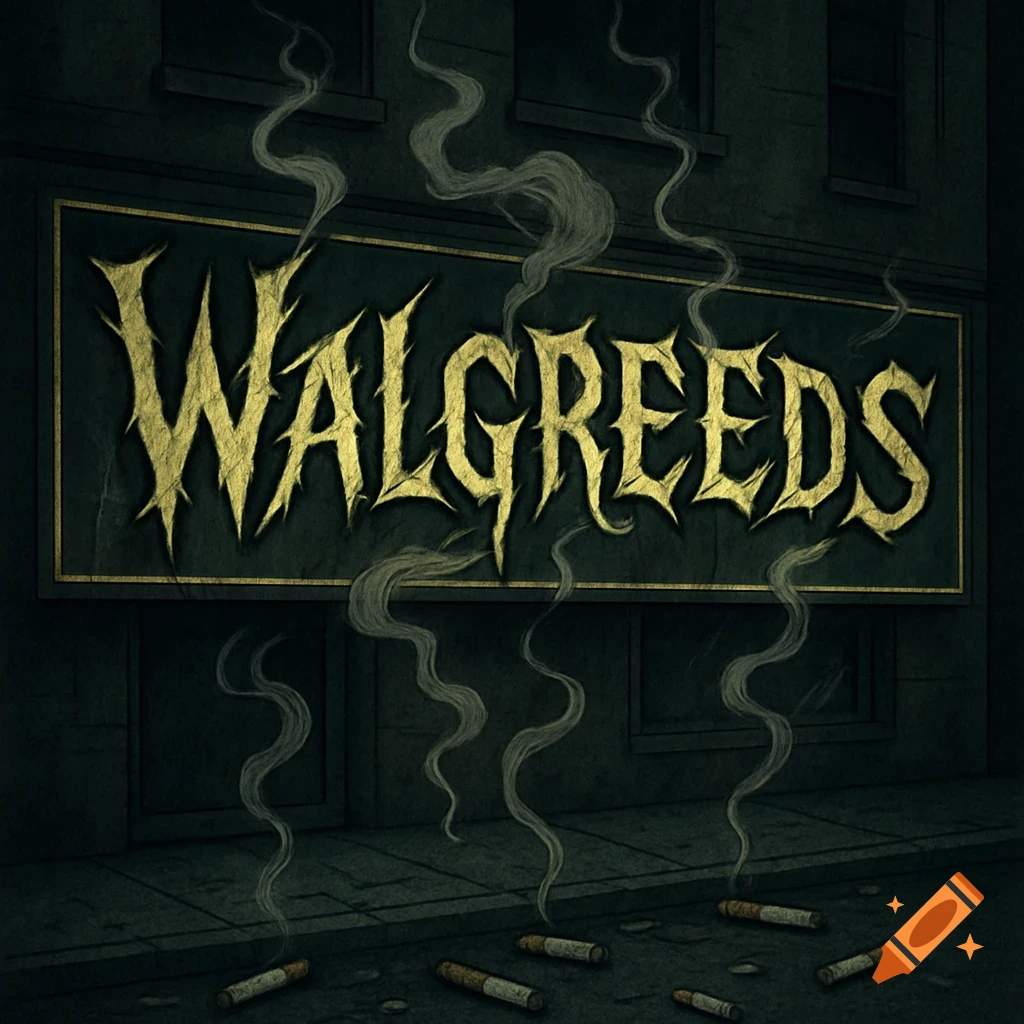 A gritty, stylized dark store sign reading 'WALGREEDS' with jagged gold letters, above a sidewalk with smoking cigarette butts.
