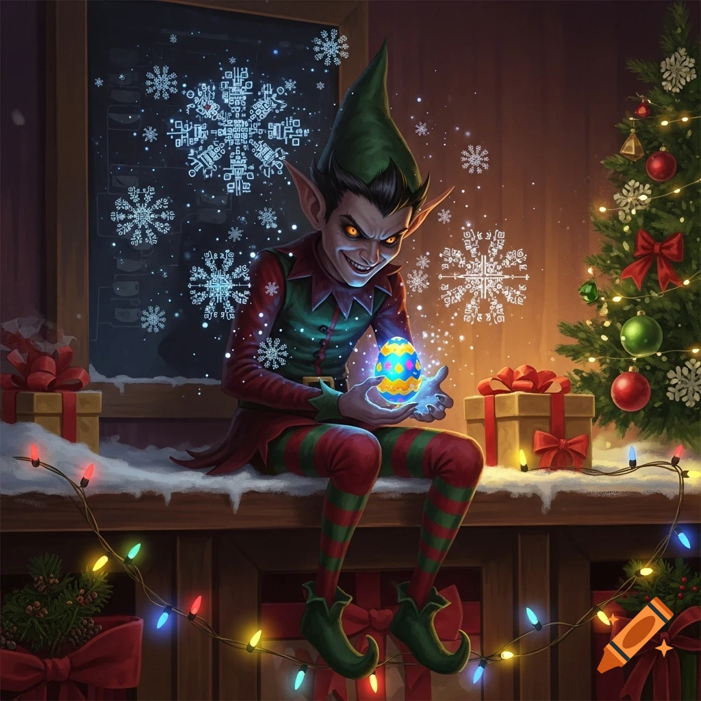 An evil-looking elf in a green and red suit sits on a snowy ledge, holding a glowing, colorful egg. Stylized tech-patterned snowflakes decorate the window beside a Christmas tree.