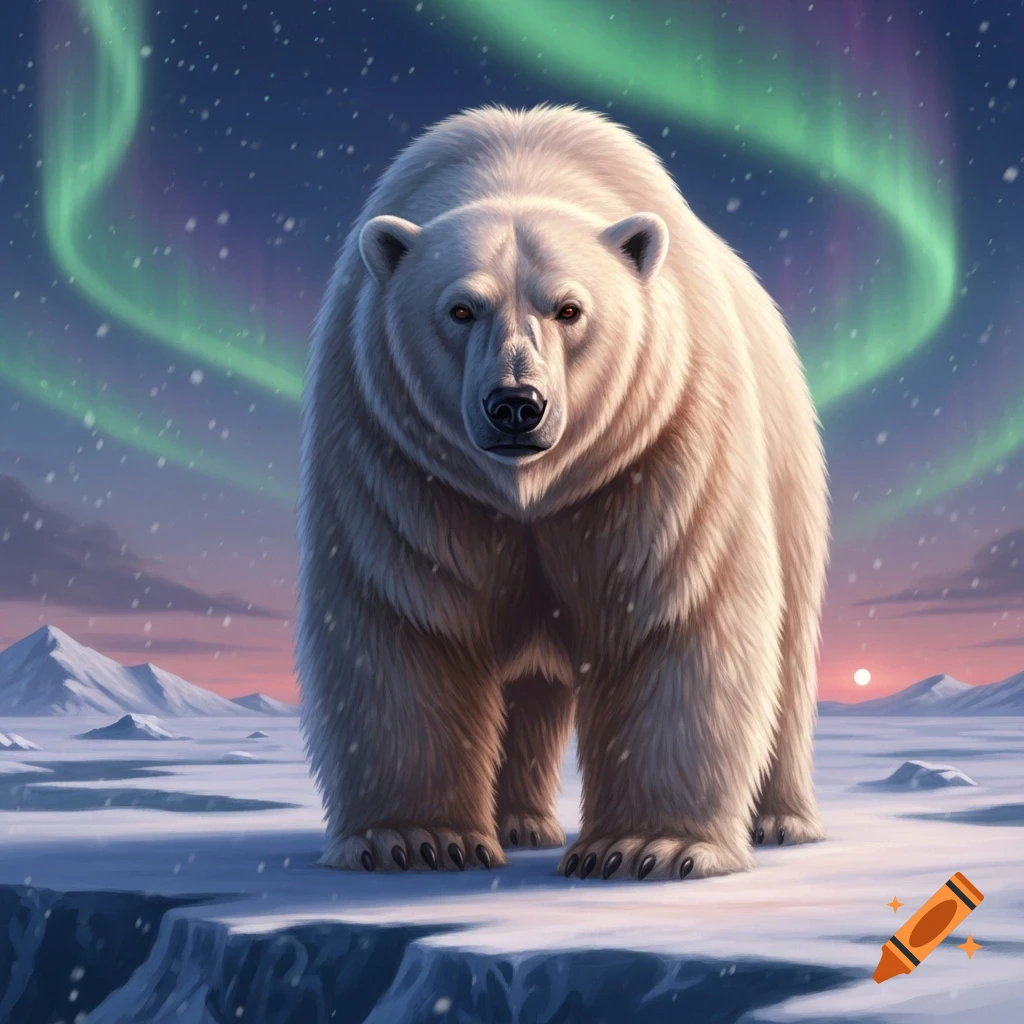 A large polar bear stands front and center on an icy plain, bathed in light from a vibrant green aurora and distant sunrise.