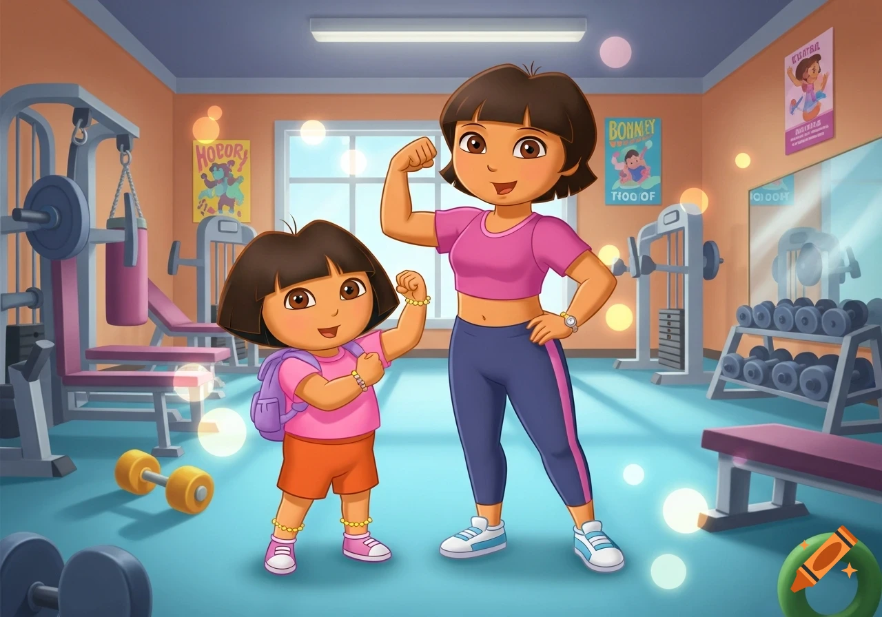 Cartoon of Dora the Explorer and her Mami flexing muscles in a gym.