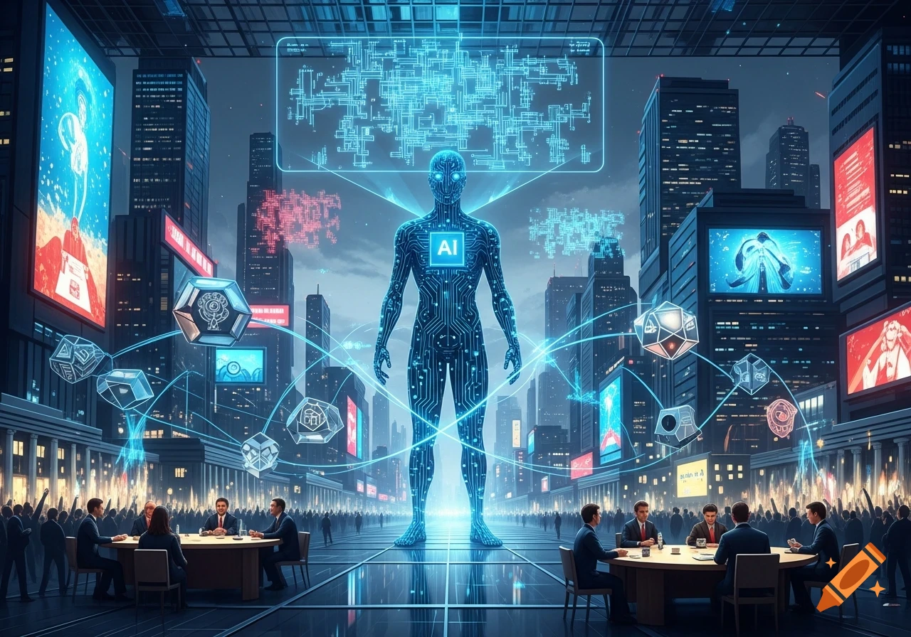 A giant glowing AI figure dominates a futuristic cityscape where business people meet, connected by glowing digital networks.