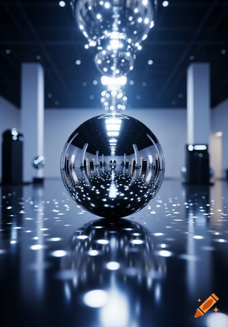 A large, gleaming chrome sphere sits on a reflective dark floor, mirroring a room with pillars and a cascade of bright, sparkling lights.