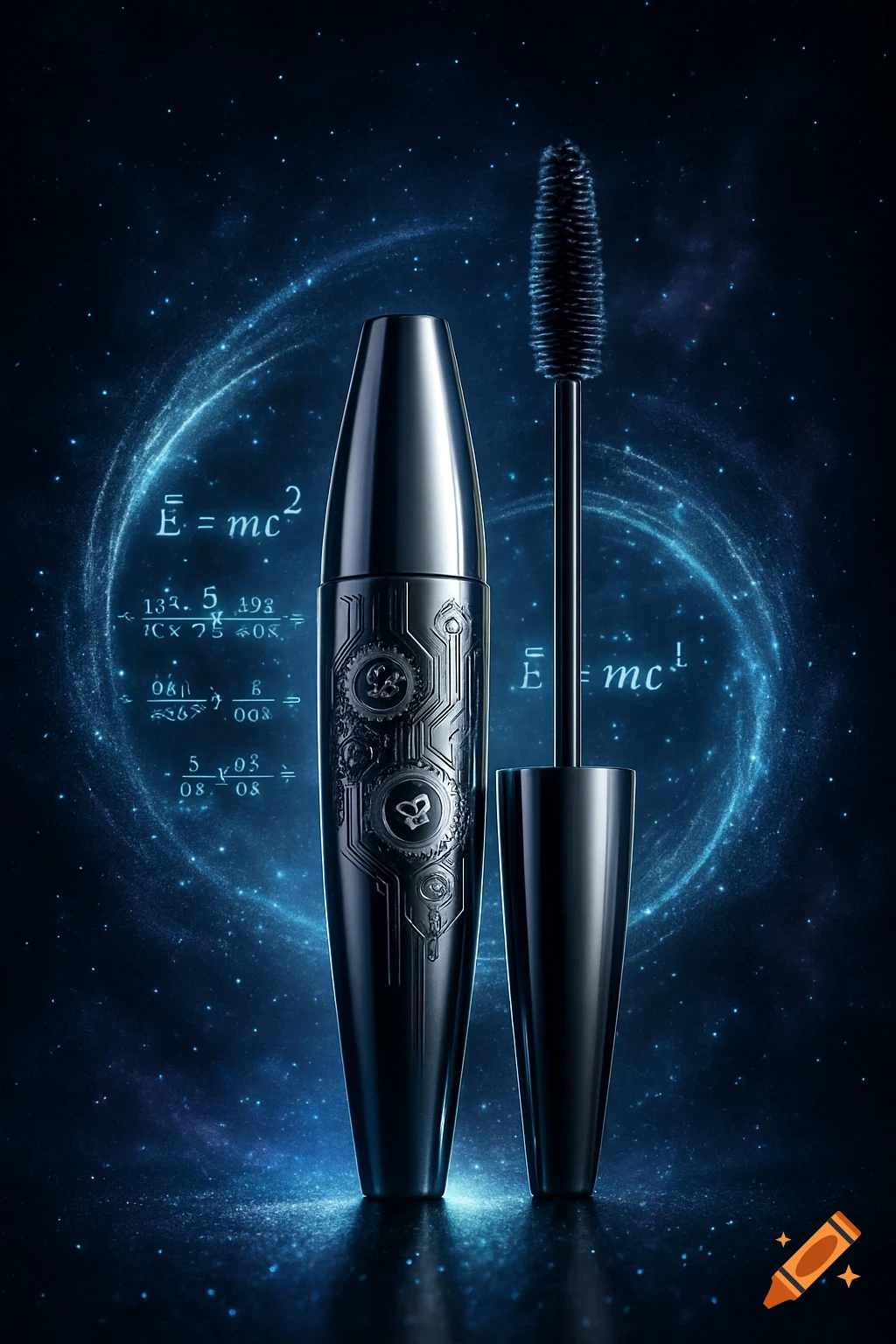 A silver mascara tube and wand against a dark blue cosmic background with glowing mathematical equations.
