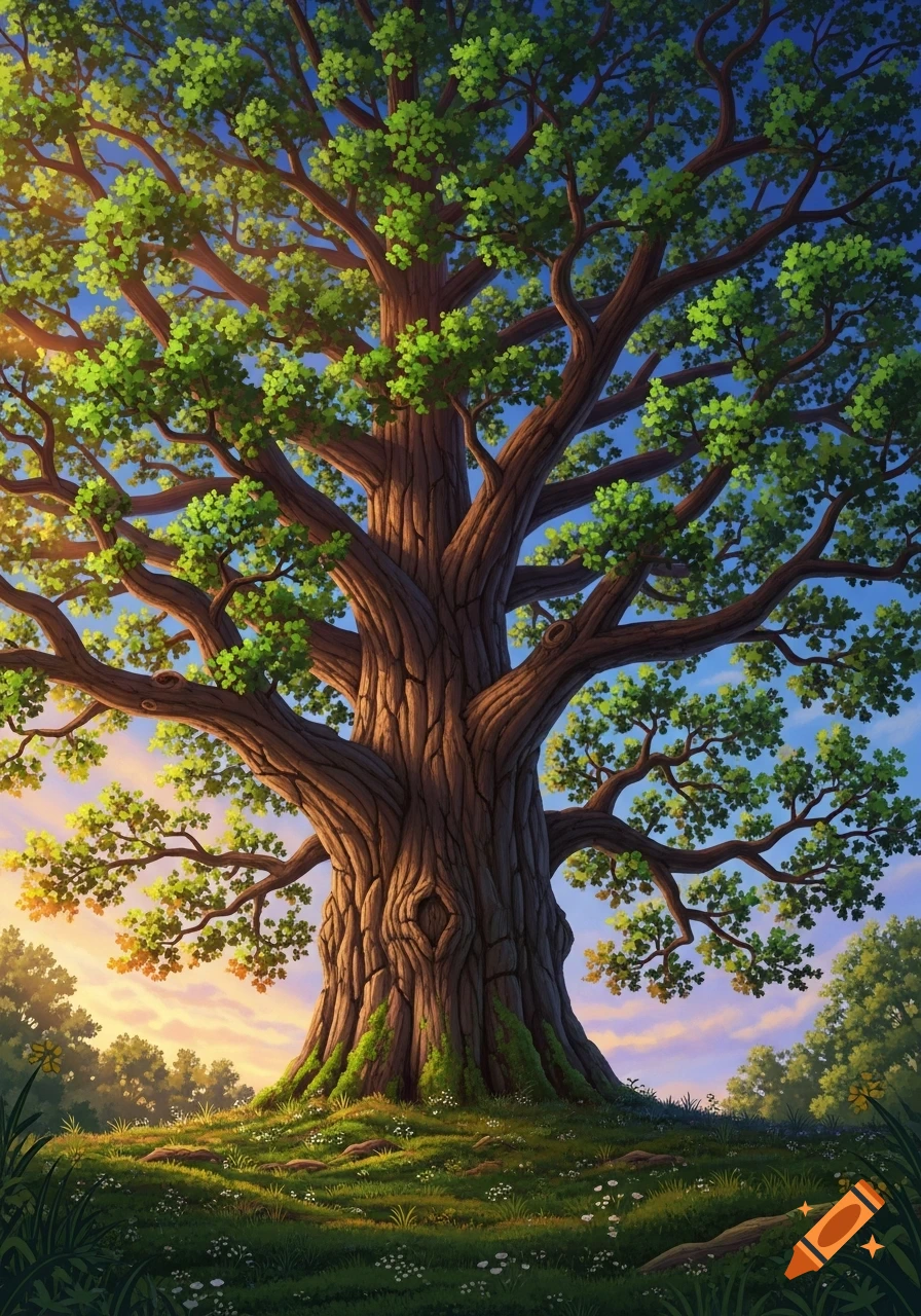 A vibrant, majestic tree with a thick trunk and lush green leaves, set against a colorful sunset sky in an illustrative style.