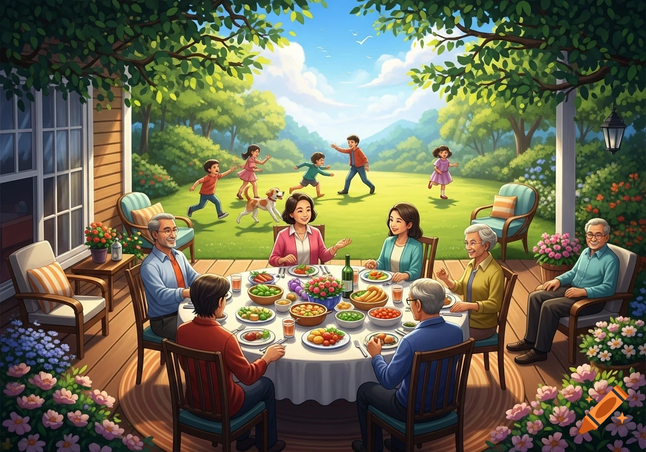 An illustrated family enjoys an outdoor meal on a patio, while children play with a dog in a sunny green garden.