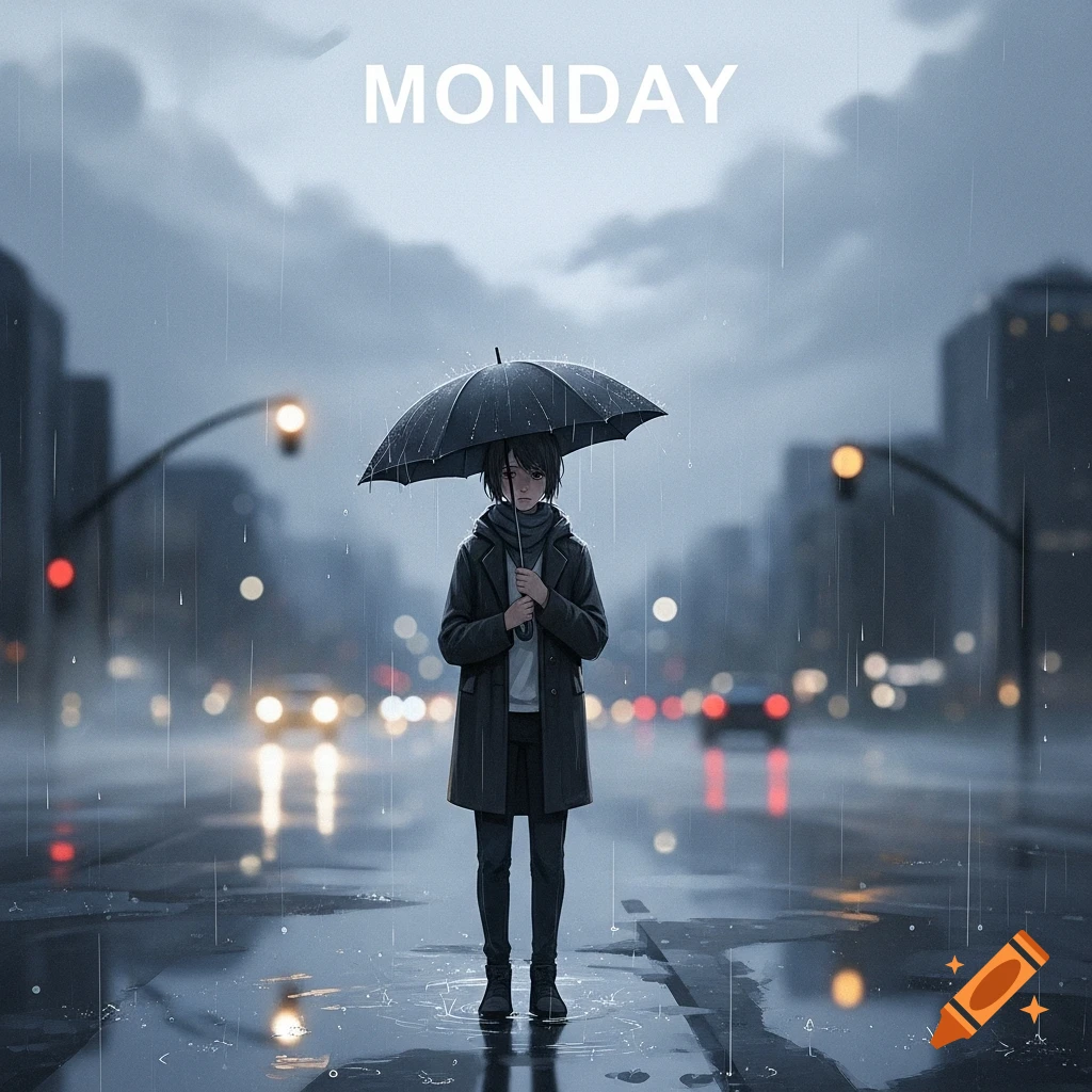 Anime-style person with an umbrella stands in a rainy city street with "MONDAY" text above.