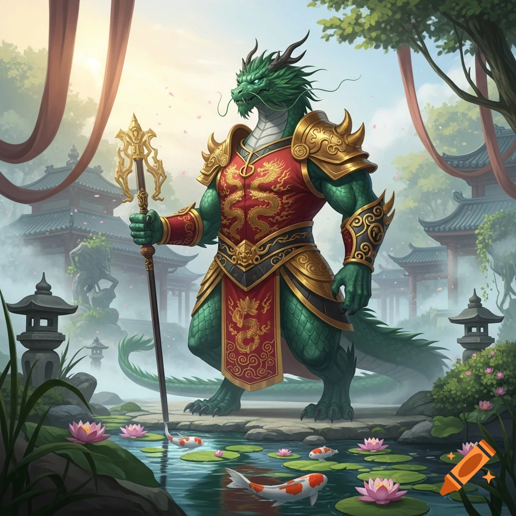 Green dragonborn warrior in golden armor and red tunic holds a staff by a lotus pond with koi fish, in an East Asian garden.
