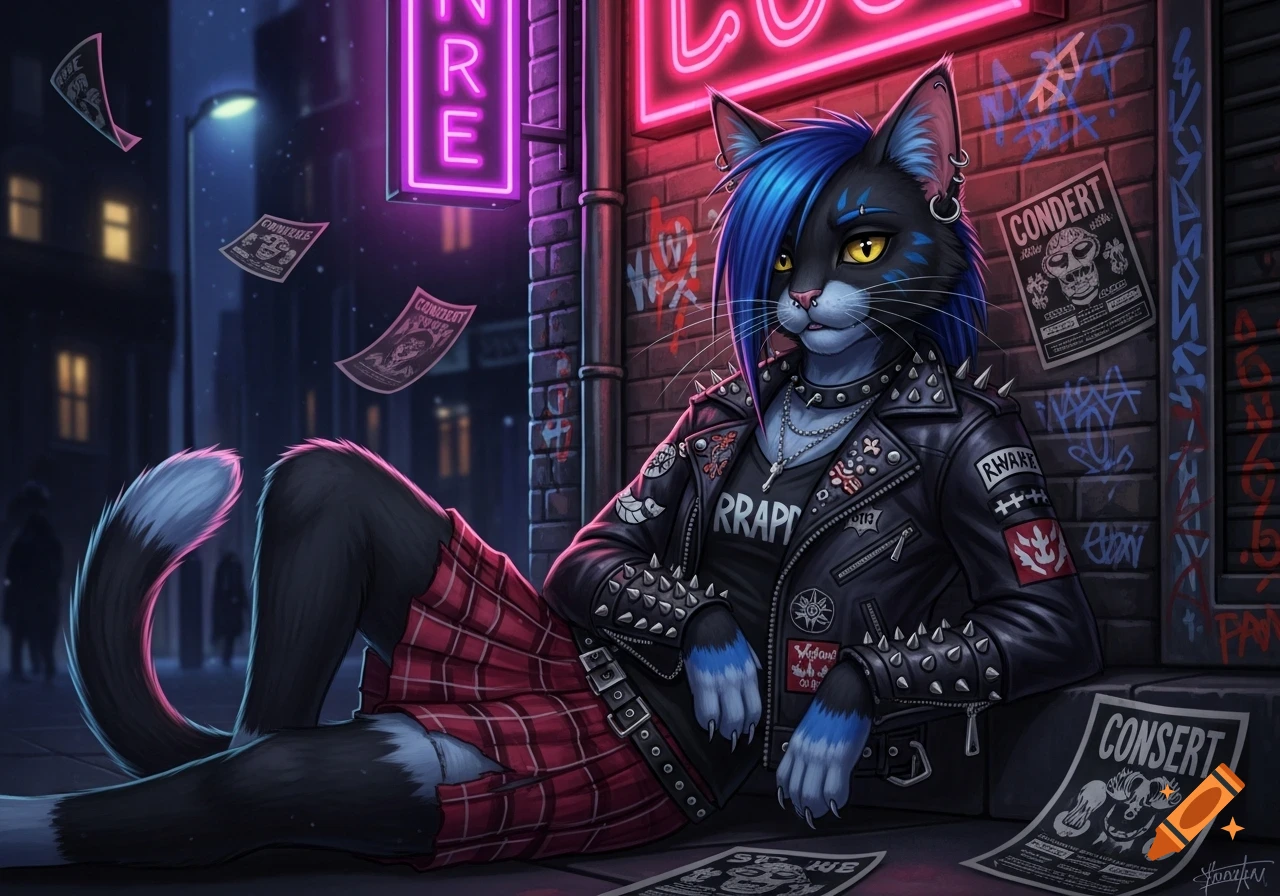 An anthropomorphic black cat with blue hair, wearing a studded leather jacket and plaid skirt, leans against a brick wall with graffiti under neon lights.