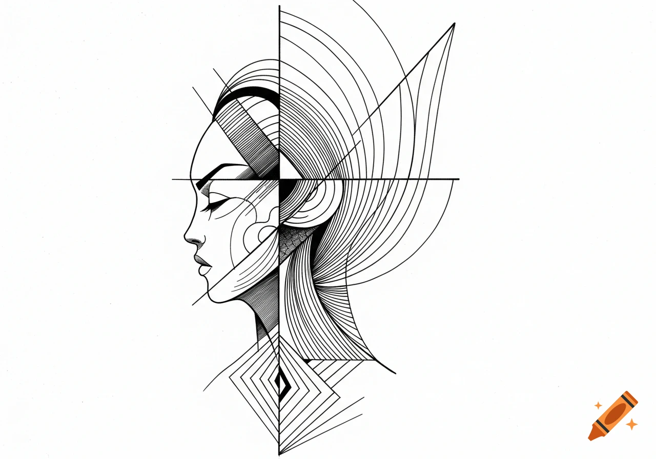 Stylized black and white line art portrait of a woman in profile, with geometric and abstract curves.