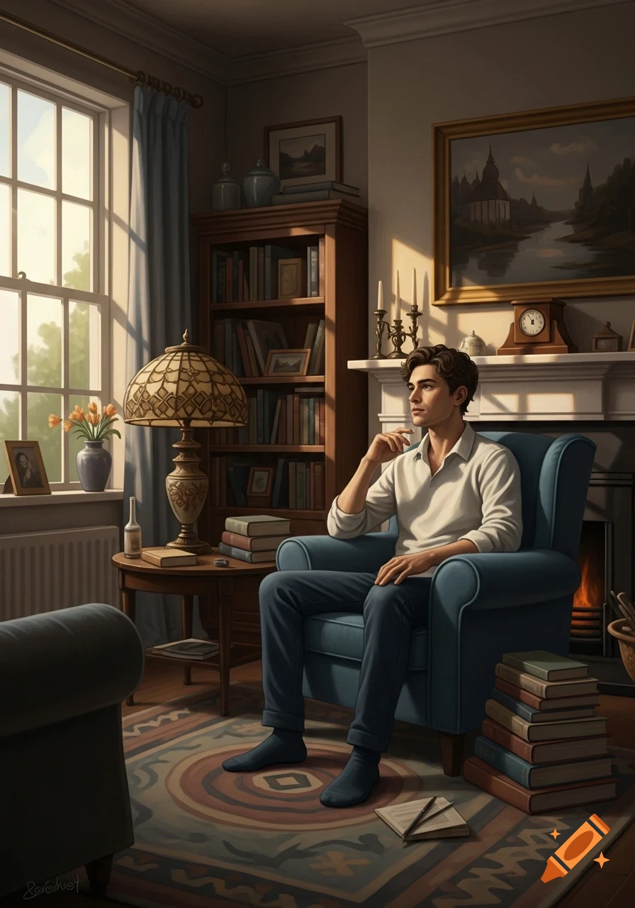 A man sits contemplatively in a blue armchair in a sunlit, cozy room with a large window, bookshelves, and a fireplace.