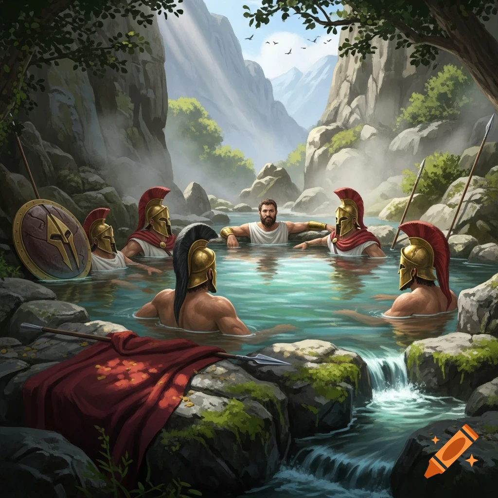 Ancient Spartan soldiers bathe in a scenic outdoor hot spring, surrounded by mountains and green foliage, in an illustrative style.