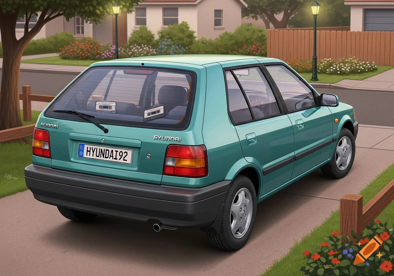 A green 1992 Hyundai hatchback car is parked on a suburban driveway, with cassette tapes visible in the rear window.