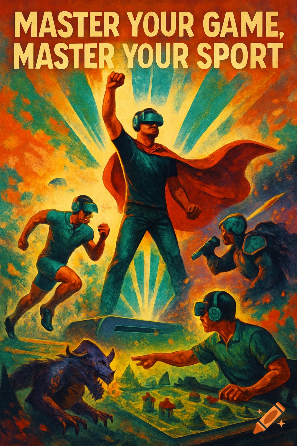 Vibrant propaganda poster featuring VR gamers as a superhero, a runner, and a strategist, with 'MASTER YOUR GAME, MASTER YOUR SPORT' text.