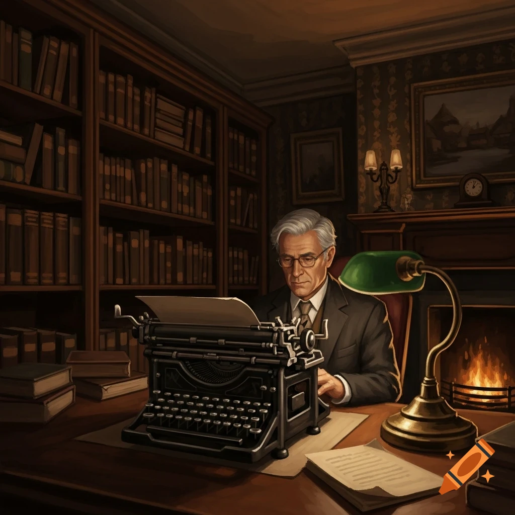 An older man with gray hair and glasses types on an antique black typewriter in a dimly lit study with bookshelves and a fireplace.
