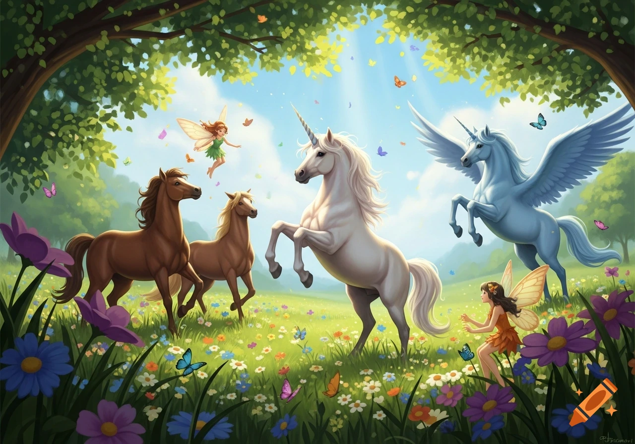 A magical meadow scene with two brown horses, a white unicorn rearing, a blue pegasus, and two fairies among colorful flowers under a tree canopy.