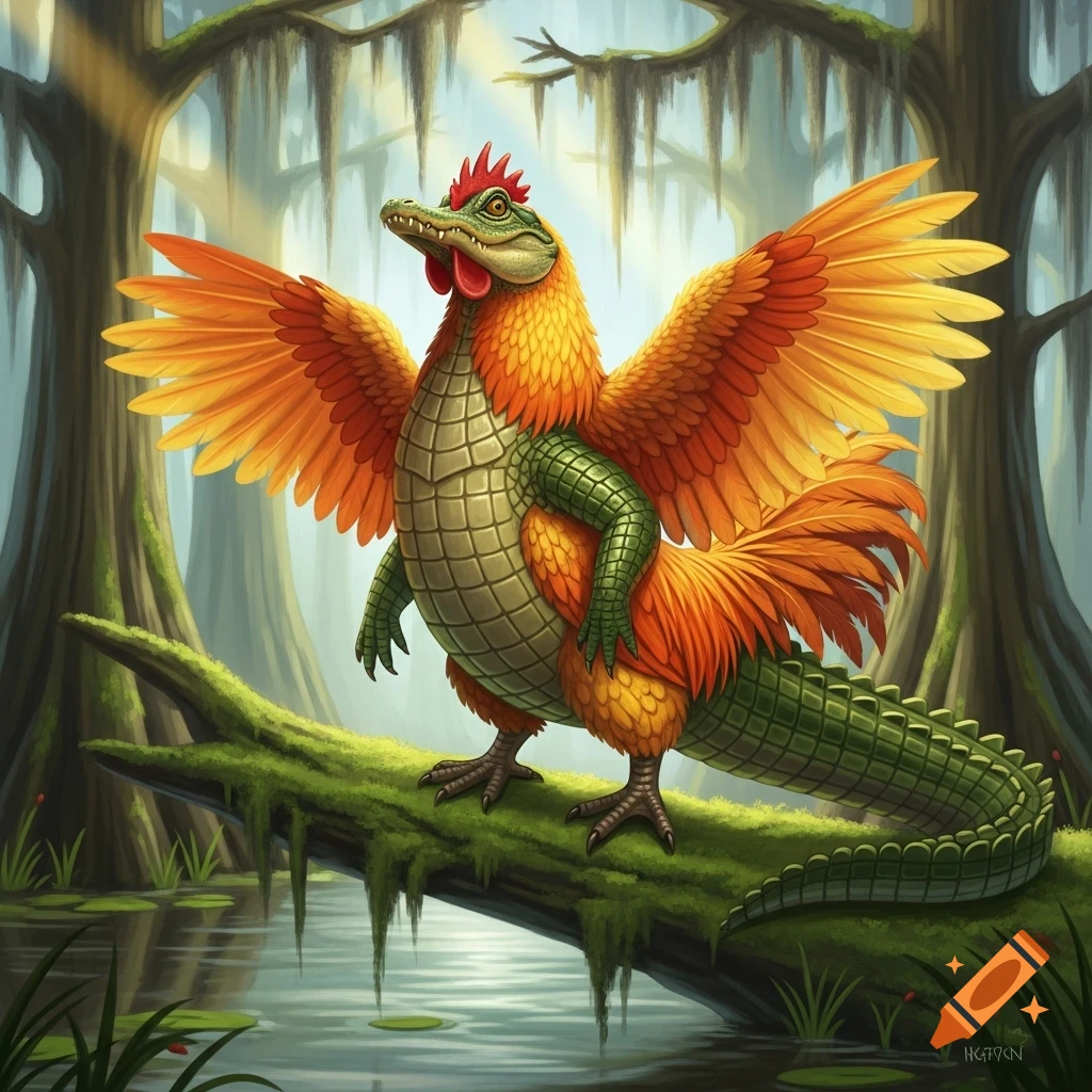 A vibrant fantasy creature, a gator-chicken hybrid with orange feathers and green scales, perches on a mossy log in a lush swamp.