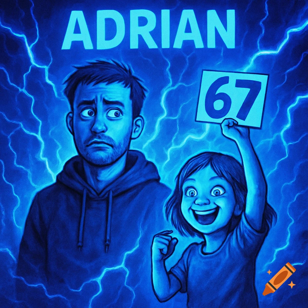 Cartoon illustration of a worried man named ADRIAN, standing next to a grinning girl holding a '67' sign, surrounded by blue lightning.