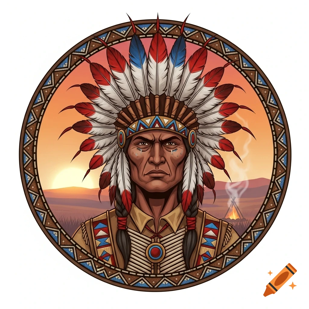 Illustration of a Native American chief with a feather headdress in a circular frame, featuring a sunset desert background with a campfire.