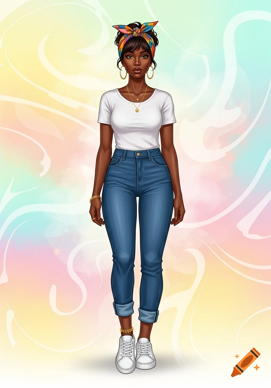 Stylized illustration of an African Caribbean woman with a colorful headscarf, white t-shirt, blue jeans, white sneakers, and gold jewelry.