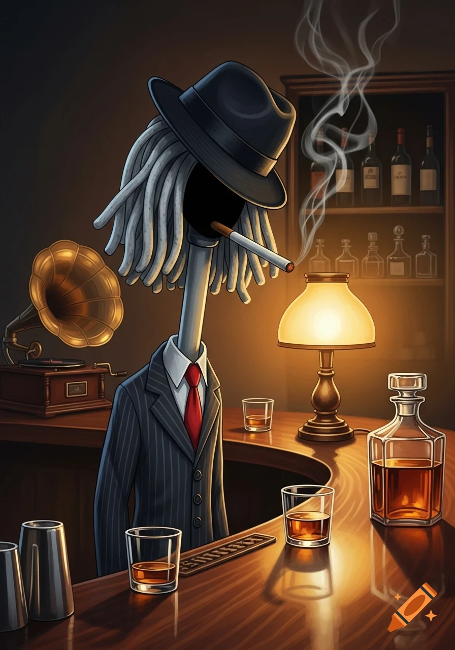 A cartoon illustration of a mop dressed as a mobster, wearing a pinstripe suit and fedora, smoking a cigarette in a dimly lit bar.