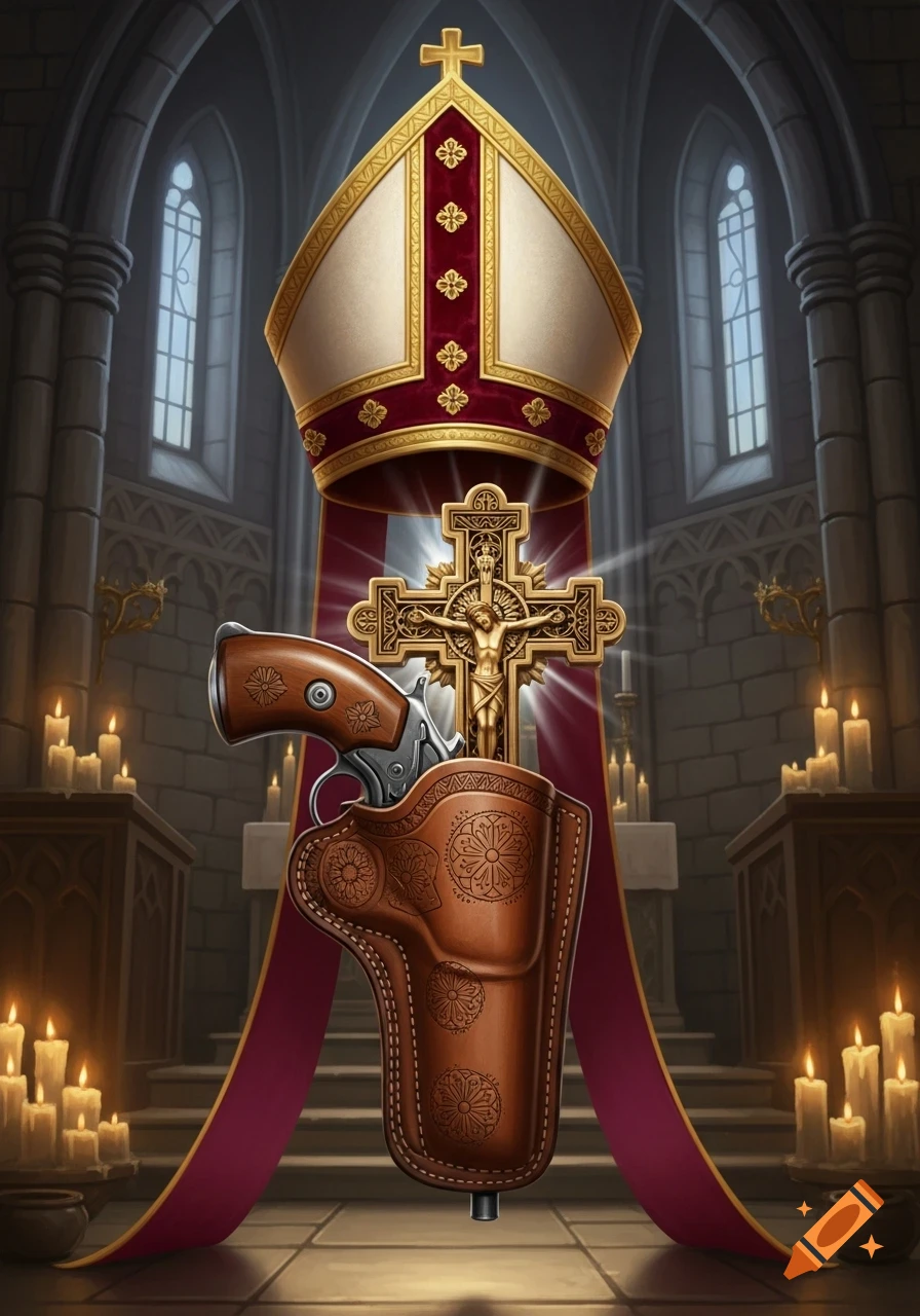 A bishop's mitre, a golden crucifix, a revolver in a leather holster, and a red stole in a candlelit church.