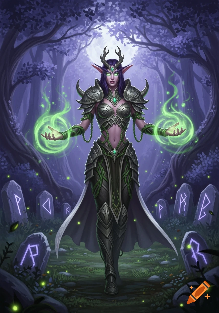A night elf druid in intricate armor with antlers stands in a purple forest with runestones, casting a green healing spell.