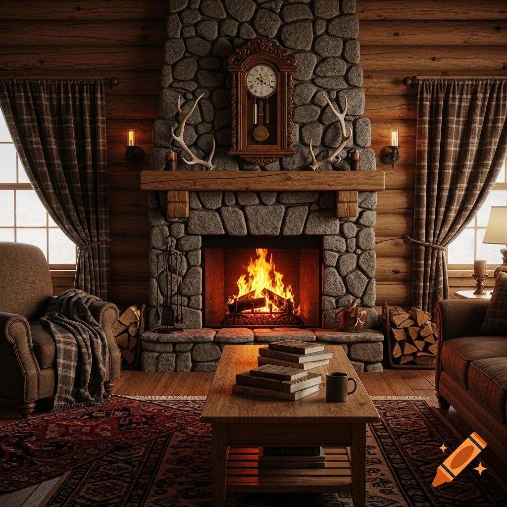 A cozy, photorealistic cabin living room with a roaring fireplace, stone chimney, wooden walls, a coffee table with books, and comfortable armchairs.