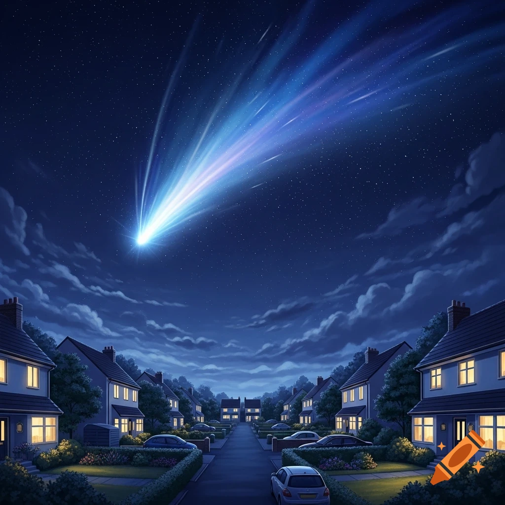 A bright comet with a long blue tail streaks across a starry night sky above a quiet residential neighborhood of illuminated houses.