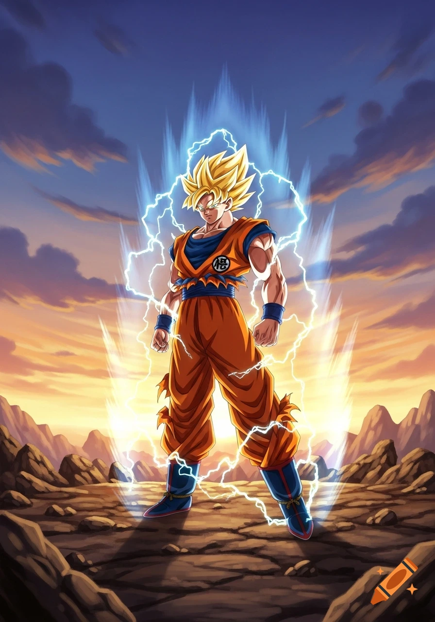 Super Saiyan Goku powers up with blue energy and lightning, standing in a rocky landscape under a dramatic sunset sky.