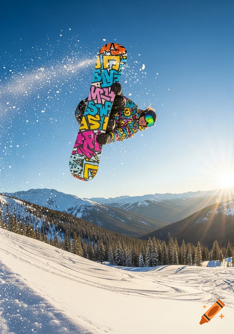 A snowboarder in colorful gear performs a flip against a clear blue sky, spraying snow, with sunlit mountains and pine trees in the background.