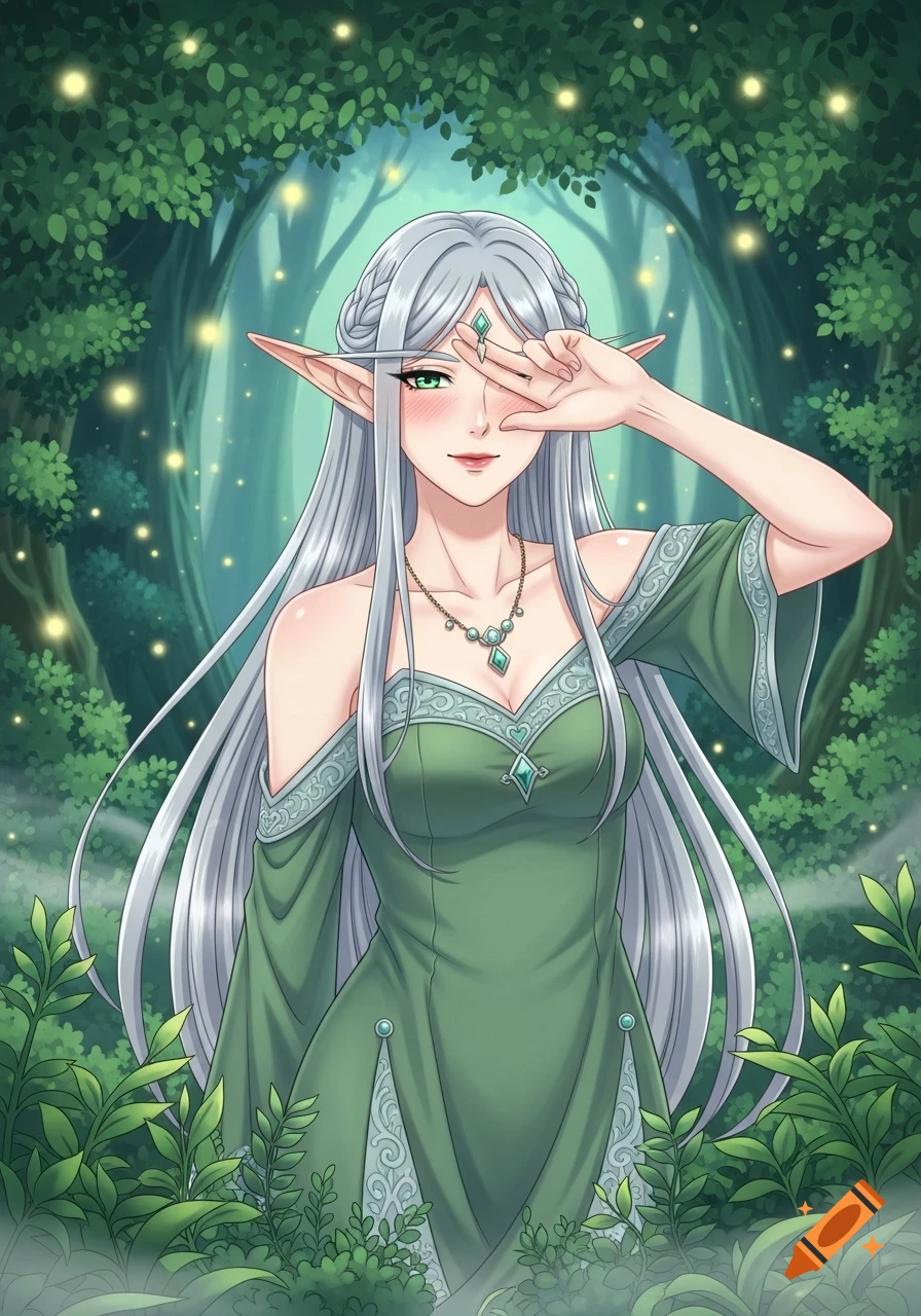 Anime-style elf woman with silver hair and green dress in an enchanted forest, shielding her eyes.
