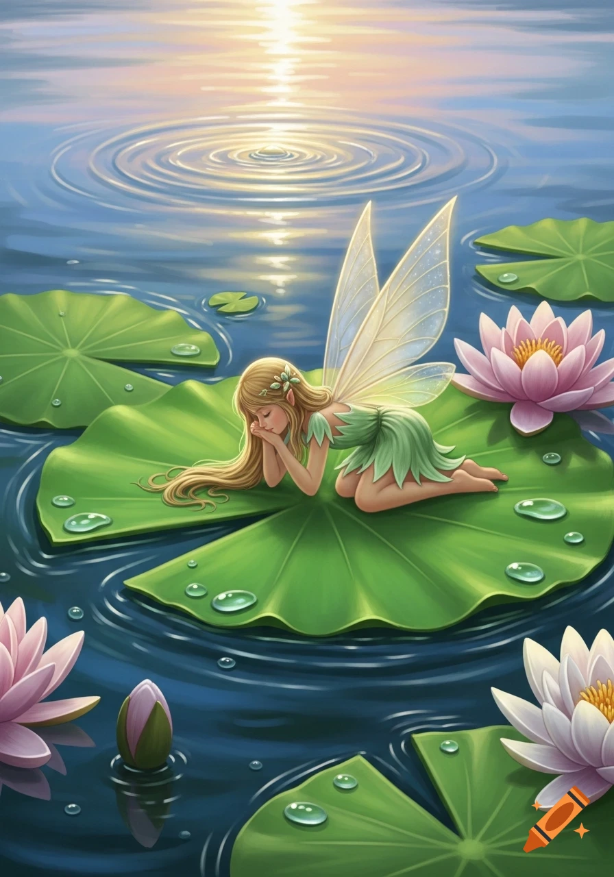 A blonde fairy in a green dress kneels on a large lily pad surrounded by pink water lilies and water droplets, with a sunlit reflection on the water.
