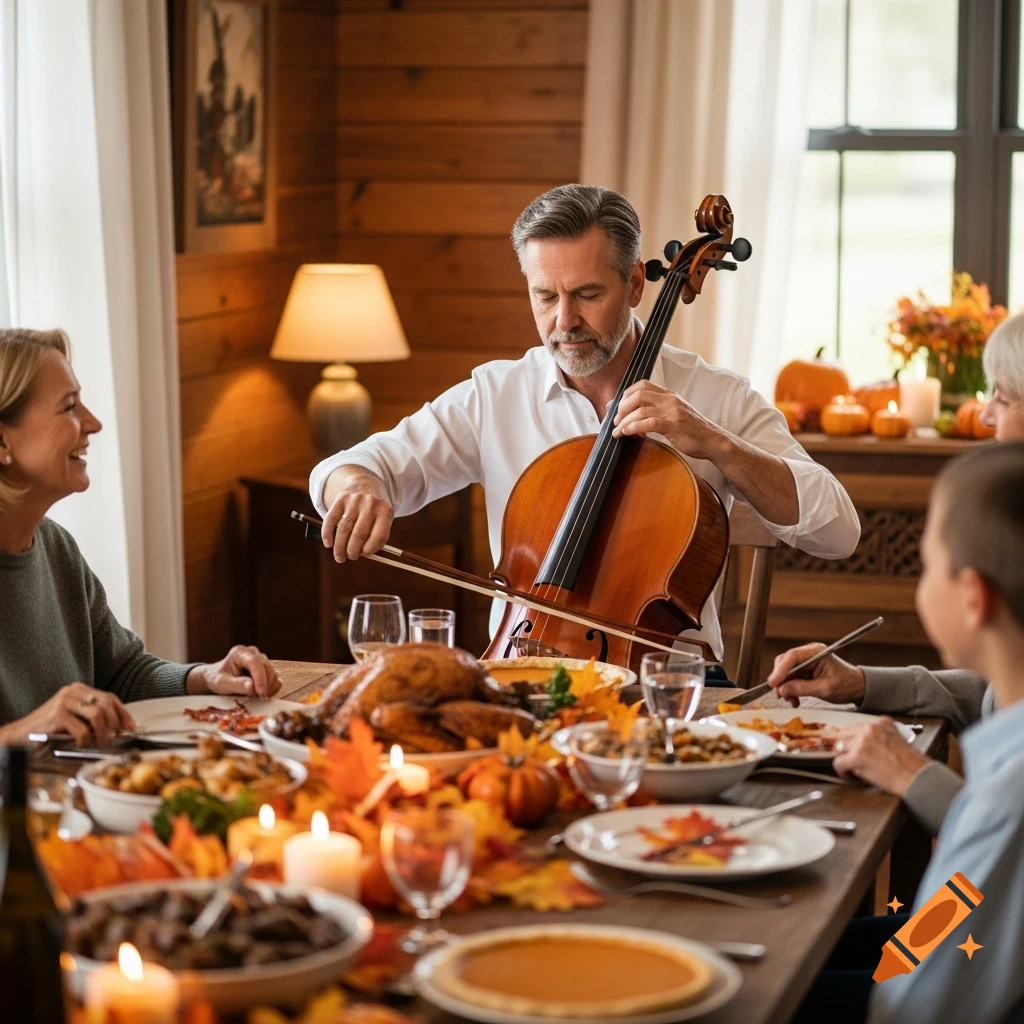 A middle-aged man plays the cello while a family enjoys Thanksgiving dinner with turkey, pies, and autumn decor.