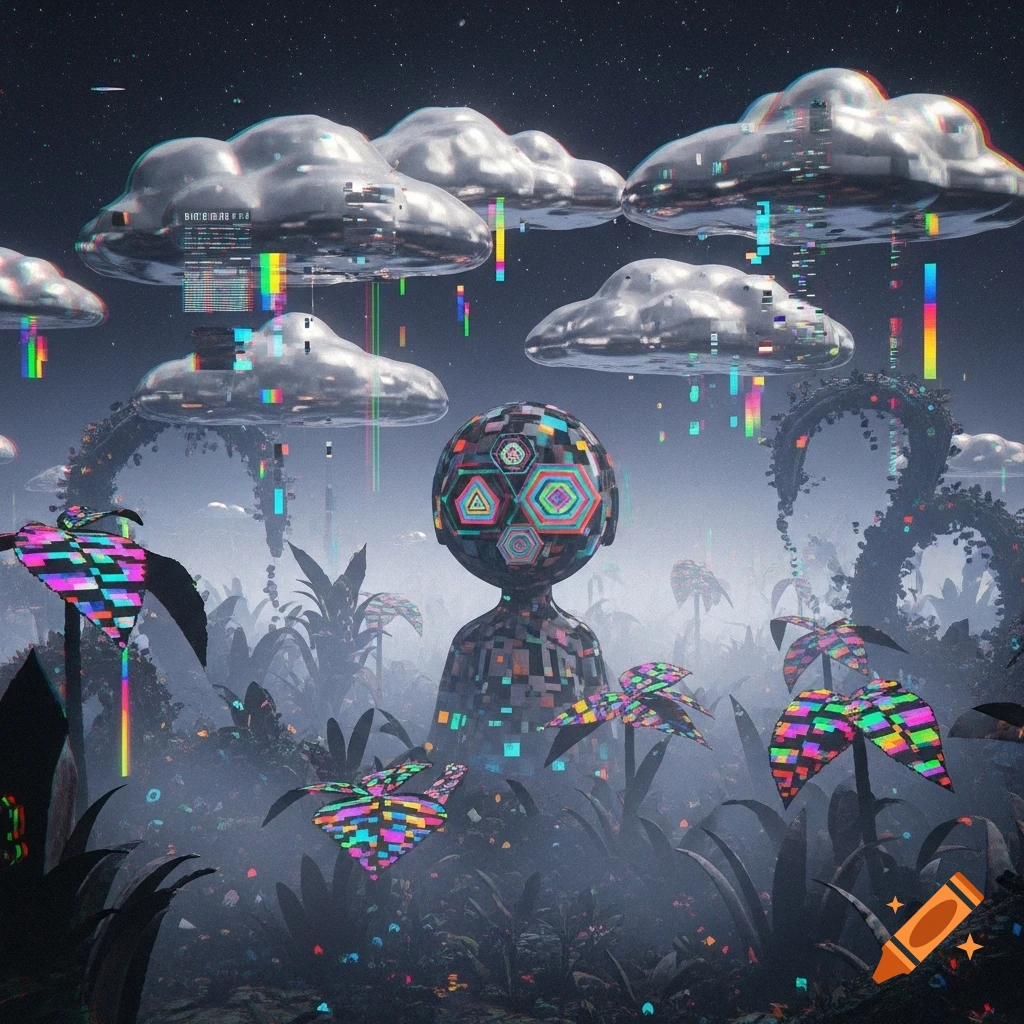A weirdcore landscape with glitching metallic clouds, a stylized figure with geometric patterns, and pixelated plants under a starry sky.