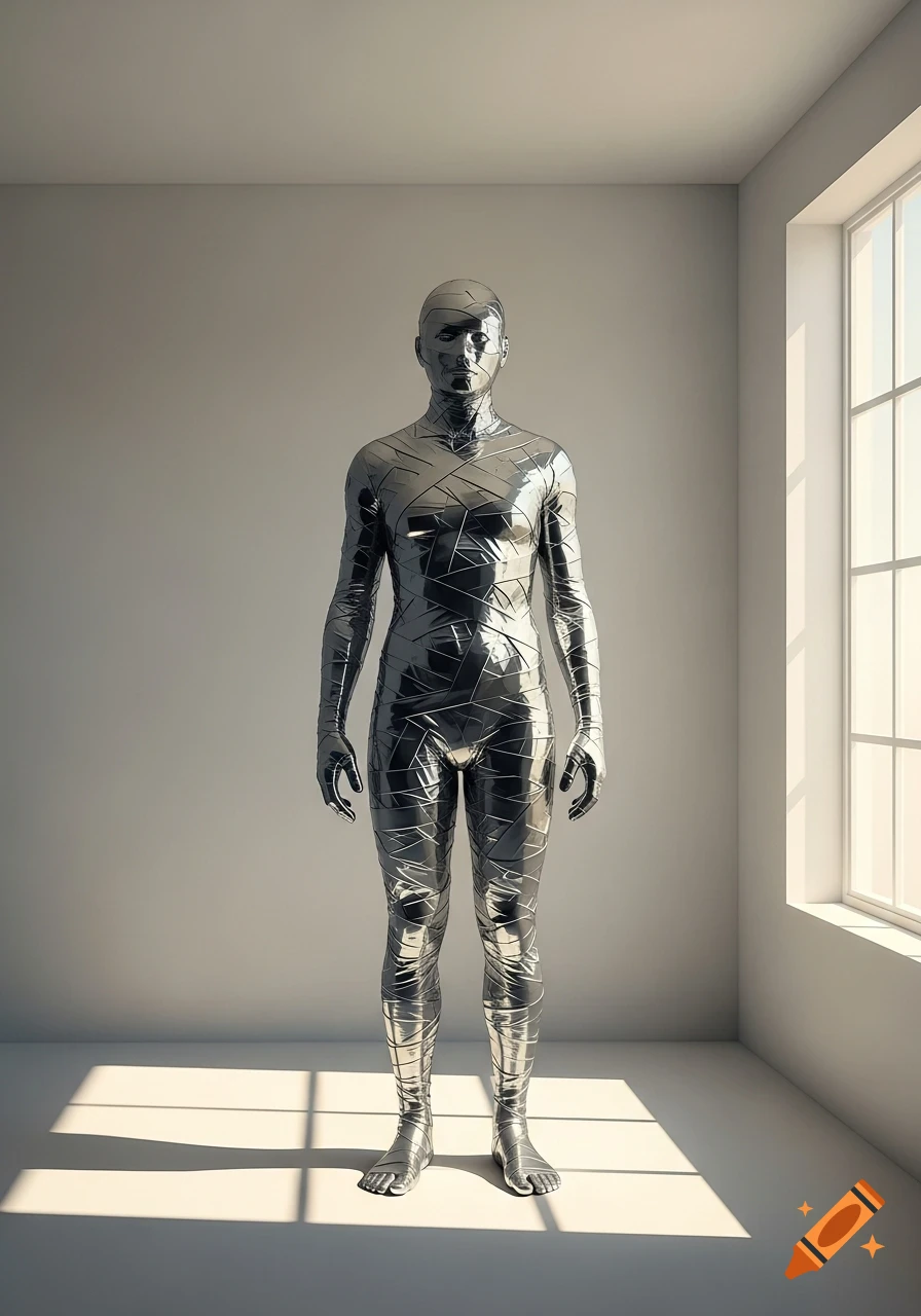 A full-body figure wrapped in reflective metallic tape stands in a minimalist room with a window.