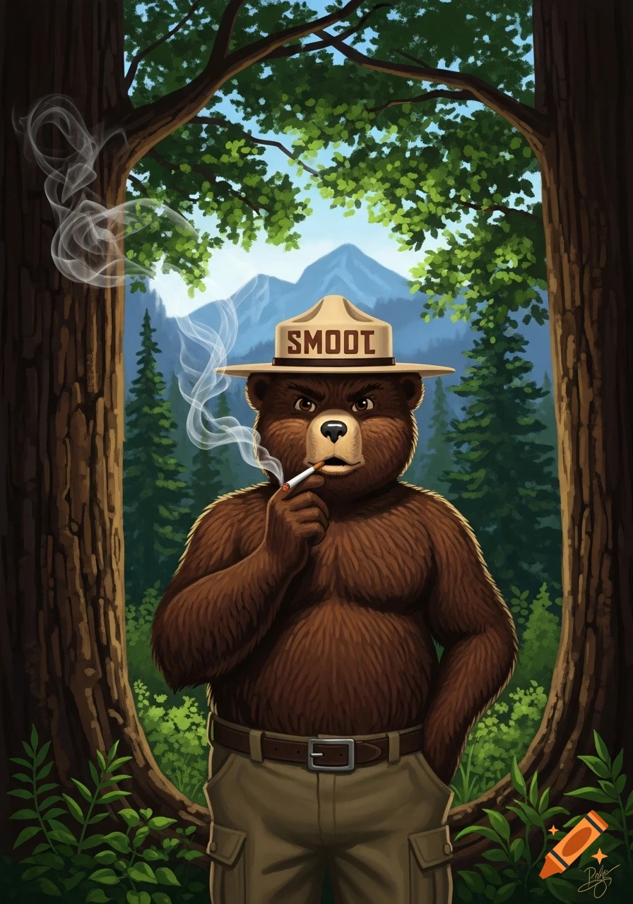 A cartoon Smokey Bear-like character in a ranger hat with "SMOOT" text and pants, smoking a cigarette in a forest with mountains.