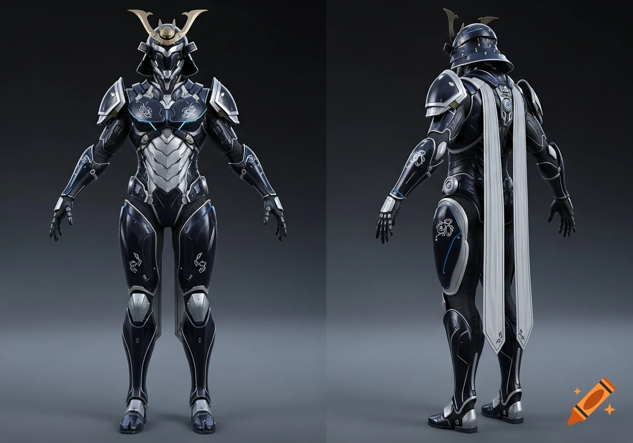 Front and back view of a detailed dark blue and silver futuristic samurai armor in a T-pose against a dark background.