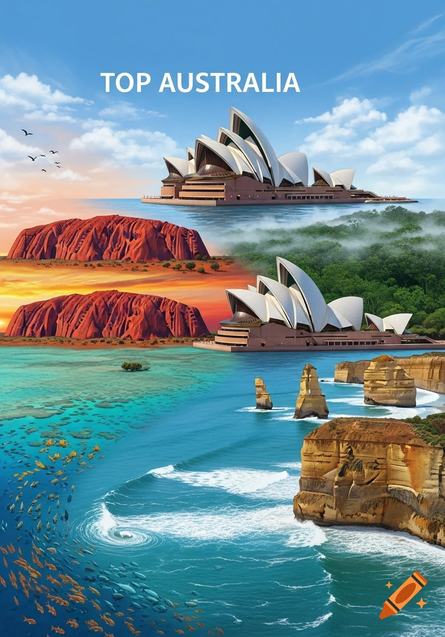 A vibrant collage of Australia's top landmarks, including the Sydney Opera House, Uluru, Twelve Apostles, and Great Barrier Reef with marine life, under a blue sky.