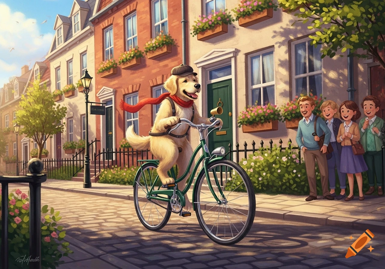 A happy Golden Retriever dog in a cap and red scarf rides a green bicycle down a cobblestone street past charming houses, with people watching, in a cartoon style.