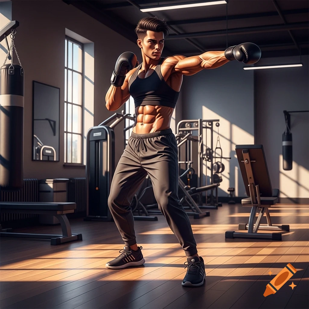 A muscular man in boxing gloves strikes a pose in a well-lit gym with equipment.
