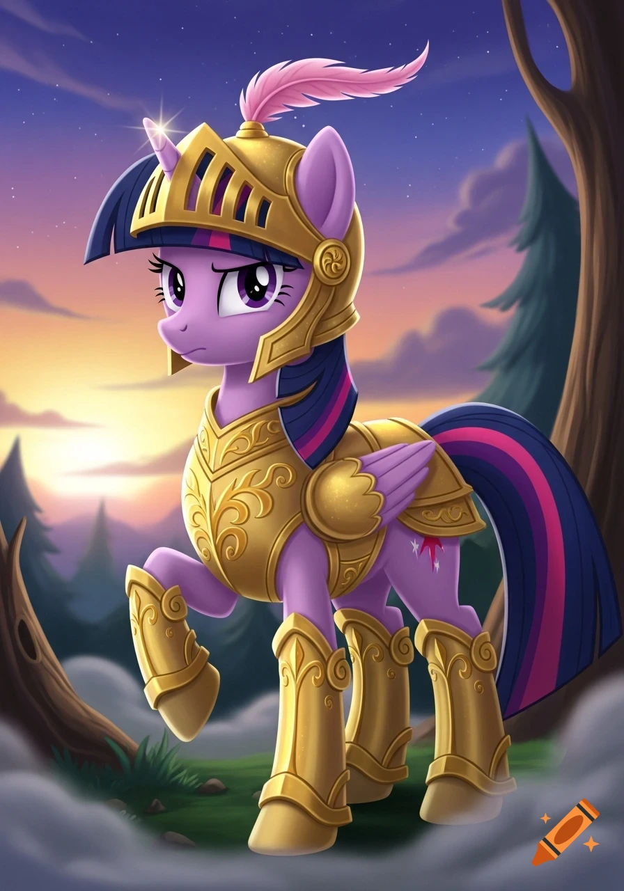 Twilight Sparkle pony wearing golden knight armor with a pink feather on its helmet, standing in a magical forest at sunset.