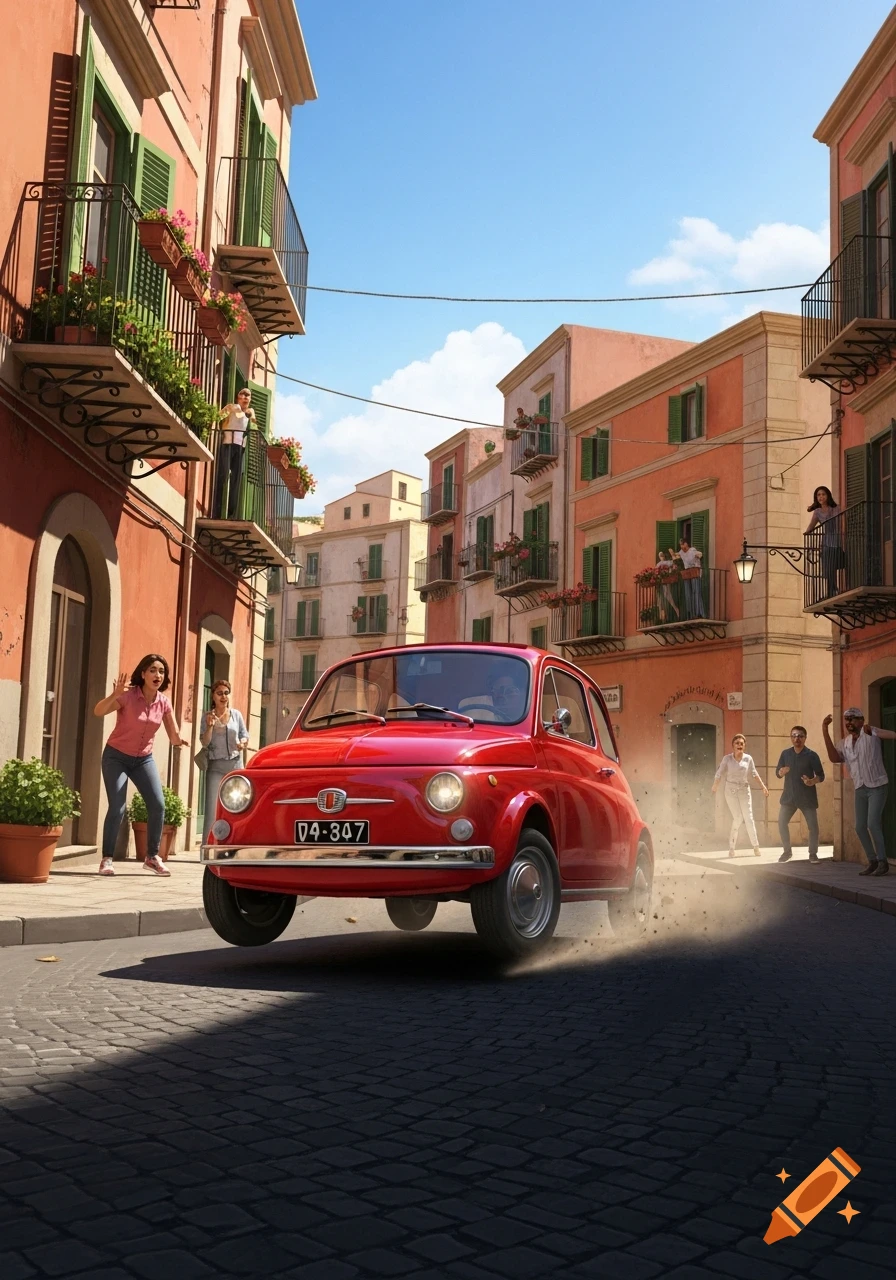 A red Fiat 500 speeds through a narrow cobblestone street in an Italian town, kicking up dust, as people react.