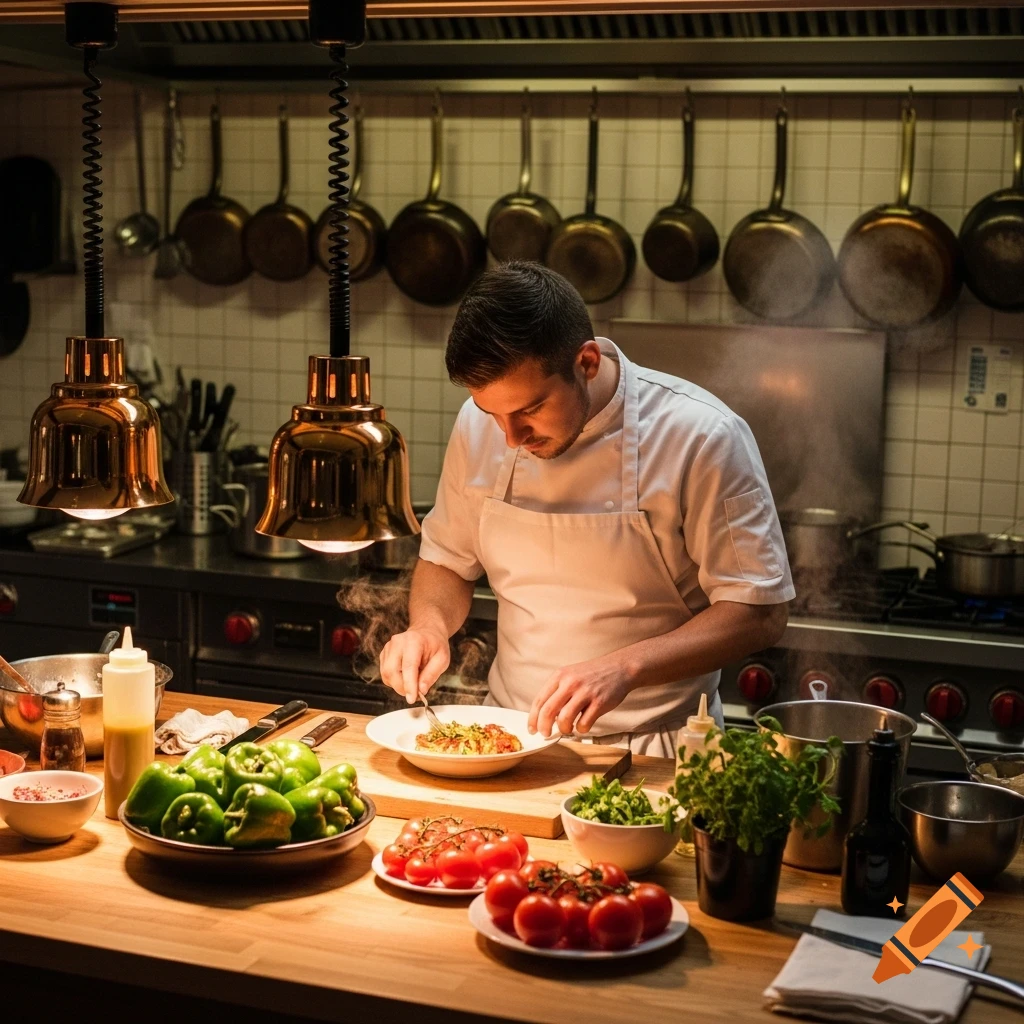 A male chef plates pasta under warm heat lamps in a professional kitchen, surrounded by fresh ingredients.